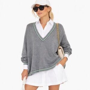 House of Harlow Varsity V-neck Preppy Oversized Poncho Sweater - Grey/Sage Green